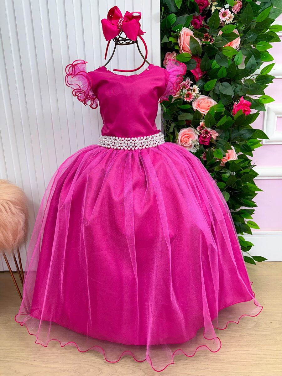 Vestido Longo Amanda Marie Pink Tule e Cinto de Pérolas