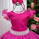 Vestido Longo Amanda Marie Pink Tule e Cinto de Pérolas