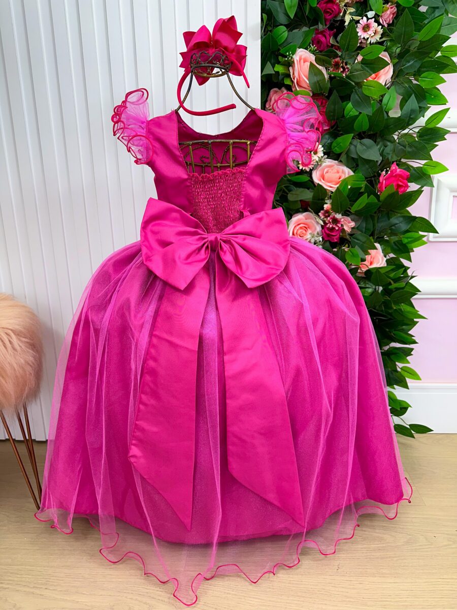 Vestido Longo Amanda Marie Pink Tule e Cinto de Pérolas