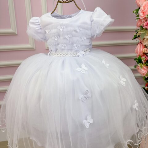 Vestido Menina Bonita Branco Borboletas Peito Tule