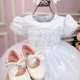 Vestido Menina Bonita Branco Borboletas Peito Tule