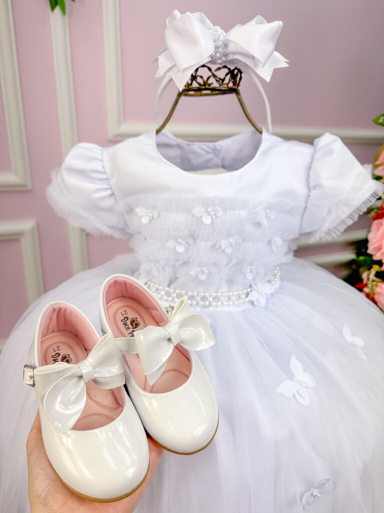 Vestido Menina Bonita Branco Borboletas Peito Tule