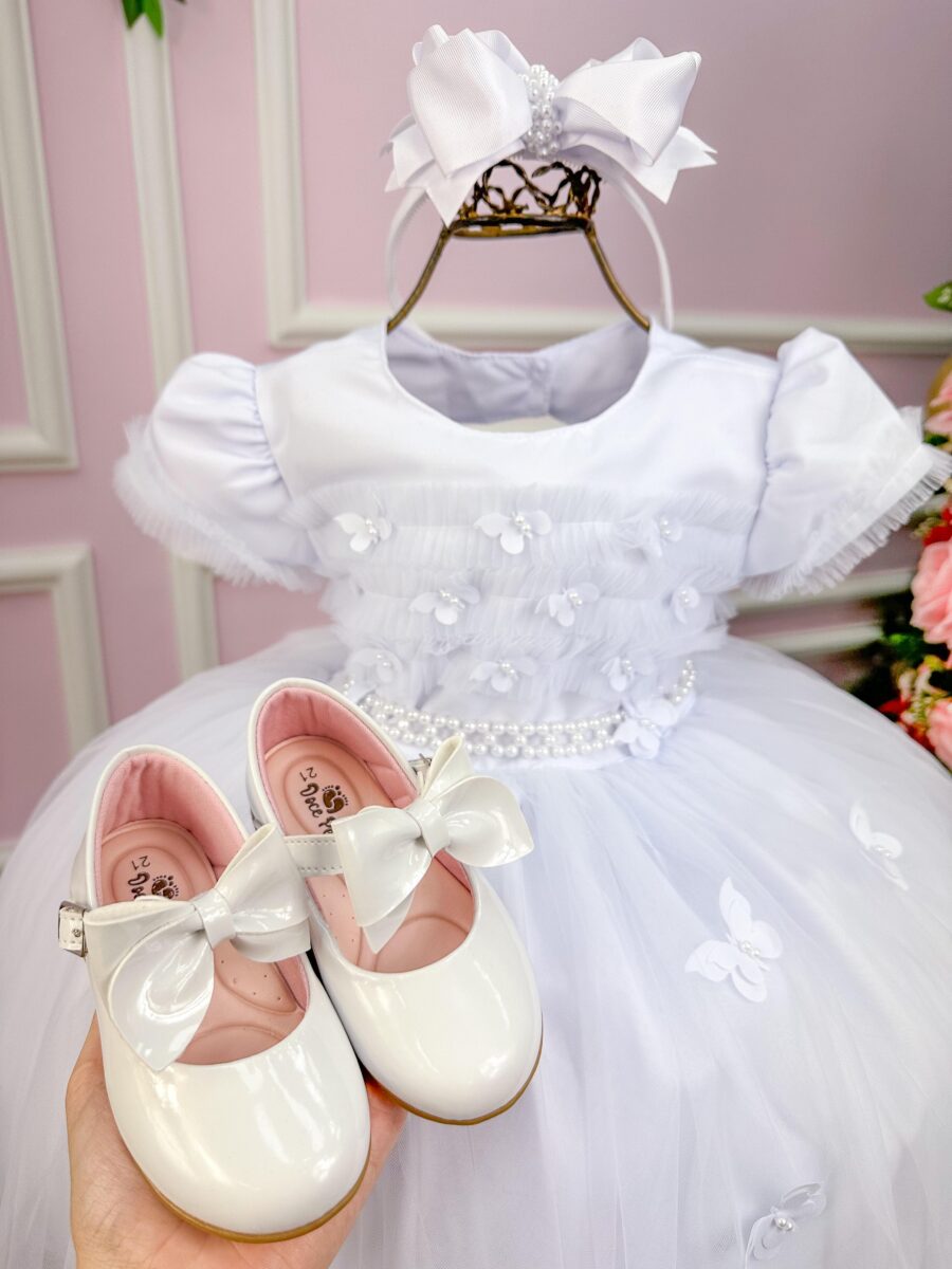 Vestido Menina Bonita Branco Borboletas Peito Tule