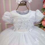 Vestido Menina Bonita Branco Borboletas Peito Tule