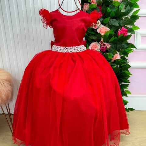 Vestido Longo Amanda Marie Vermelho Tule e Cinto de Pérolas