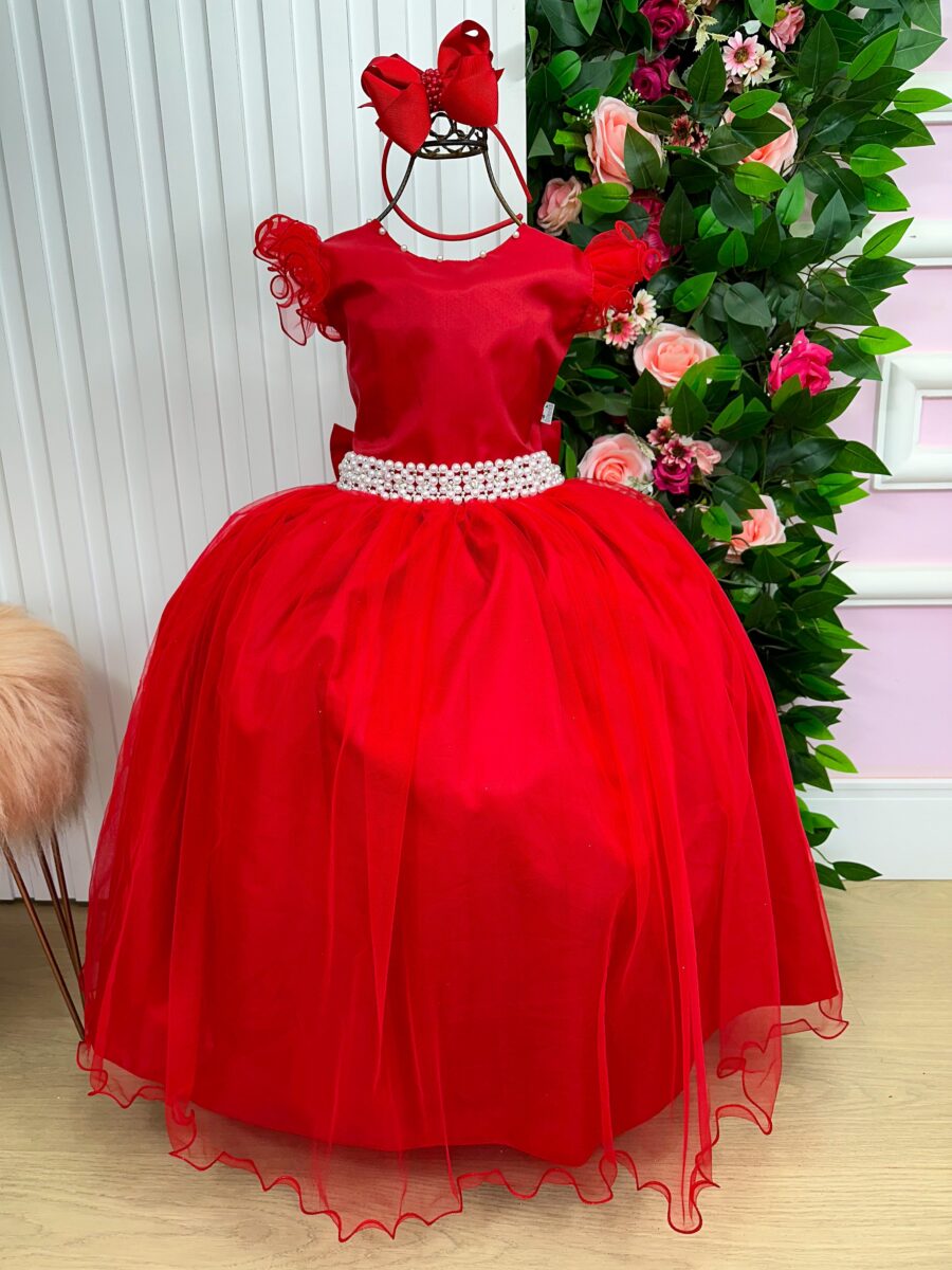 Vestido Longo Amanda Marie Vermelho Tule e Cinto de Pérolas