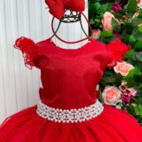 Vestido Longo Amanda Marie Vermelho Tule e Cinto de Pérolas