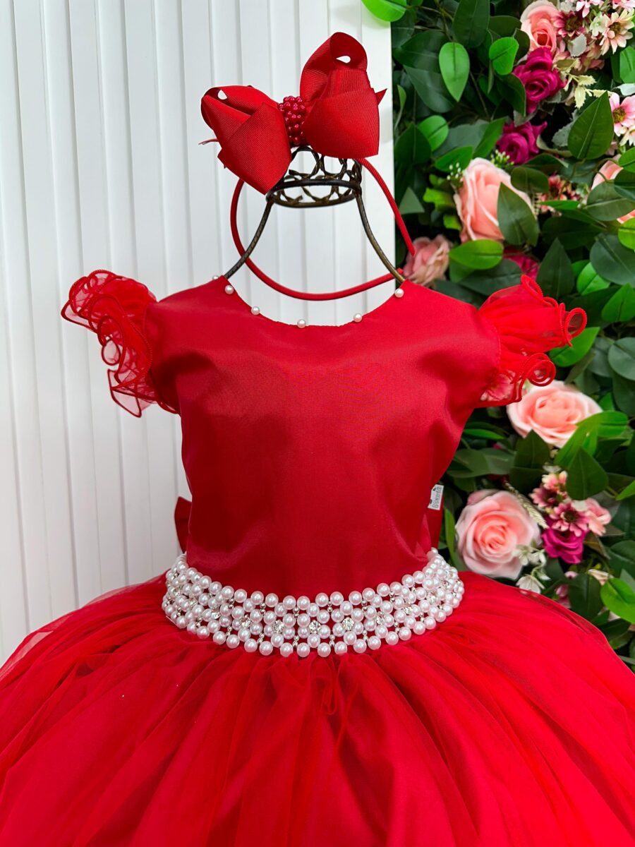 Vestido Longo Amanda Marie Vermelho Tule e Cinto de Pérolas
