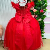 Vestido Longo Amanda Marie Vermelho Tule e Cinto de Pérolas