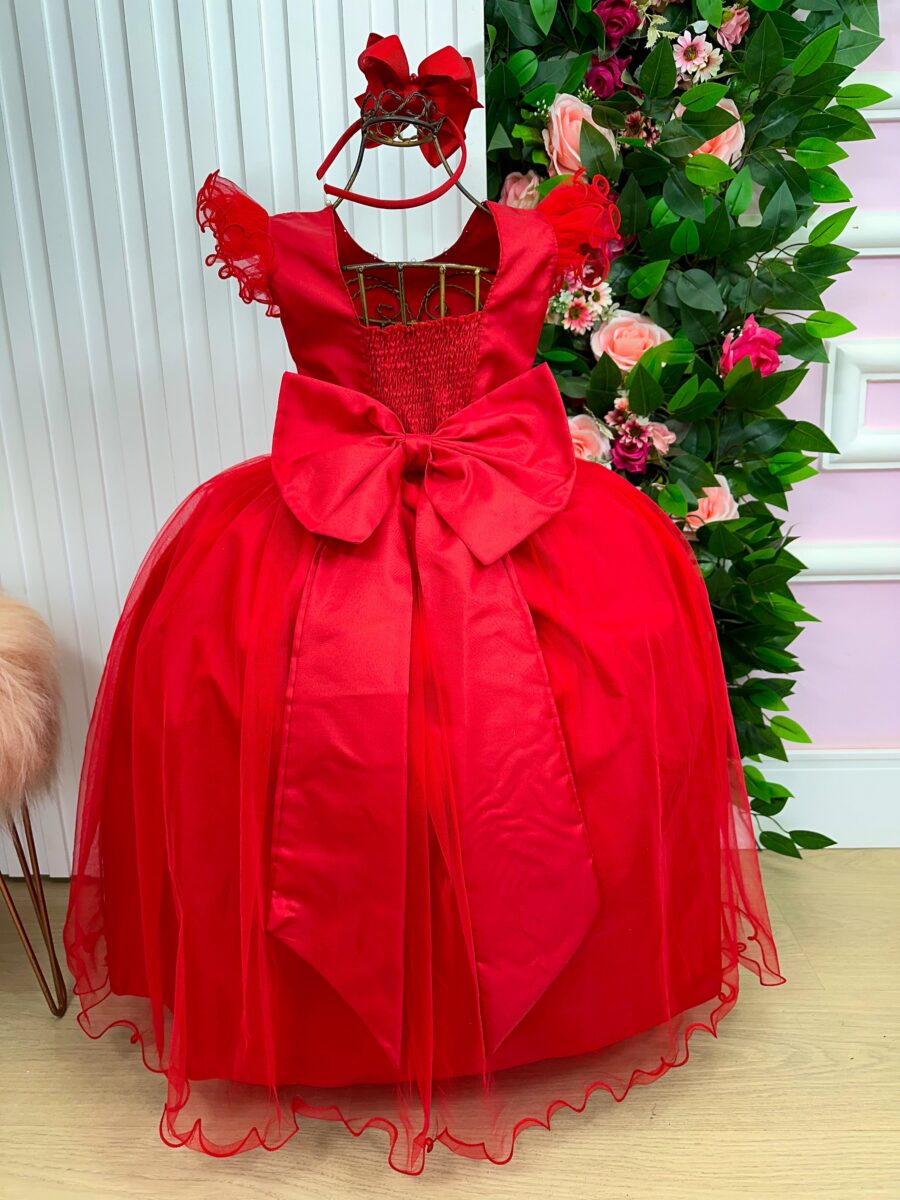 Vestido Longo Amanda Marie Vermelho Tule e Cinto de Pérolas