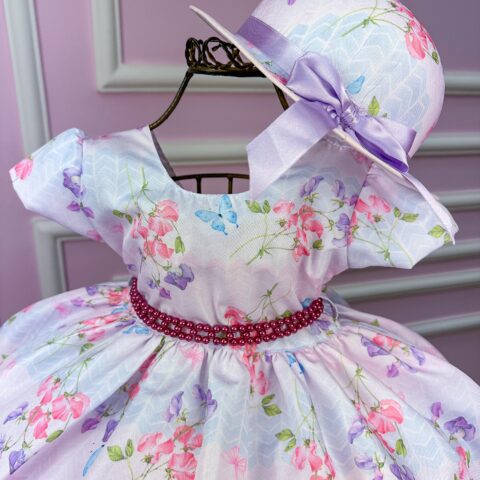 Vestido Infantil Miss Cherry Lilás Borboletas com Chapéu