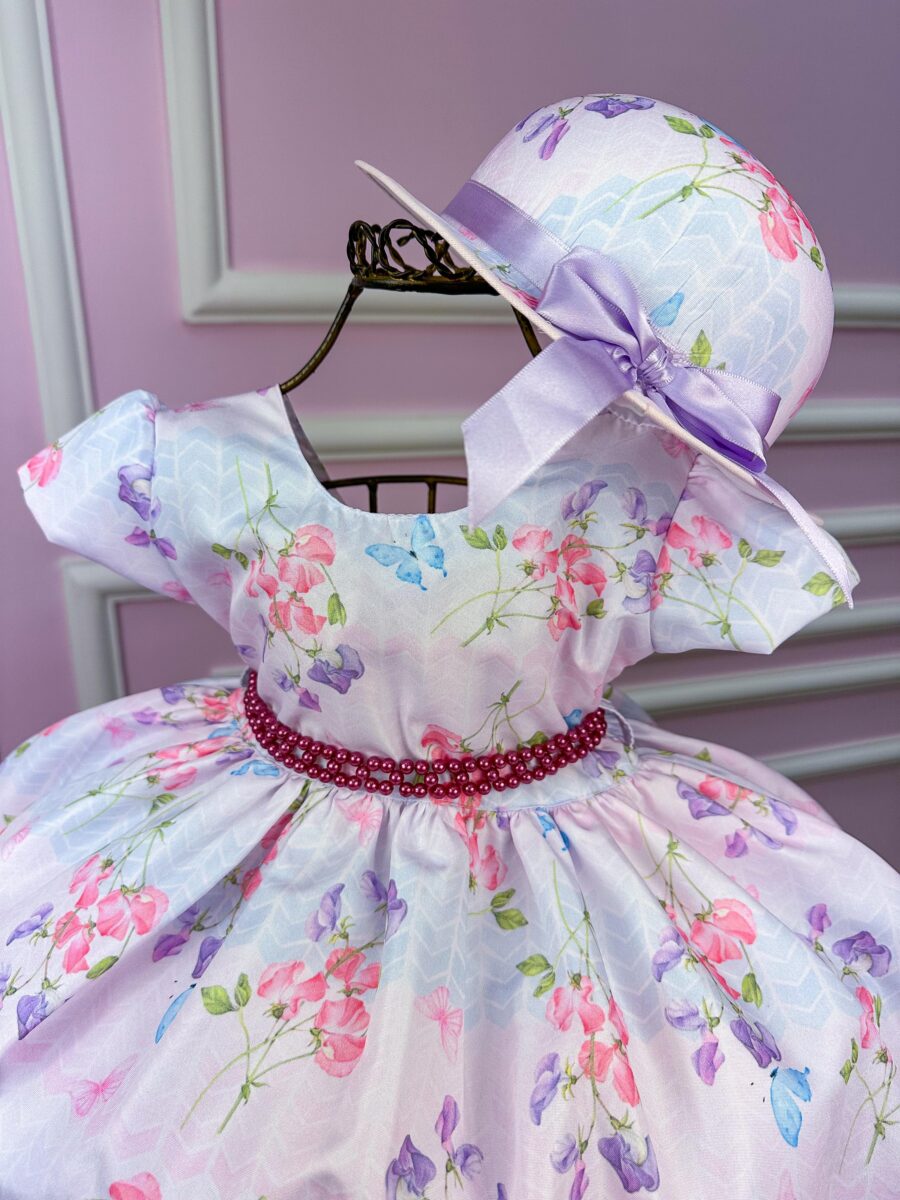 Vestido Infantil Miss Cherry Lilás Borboletas com Chapéu