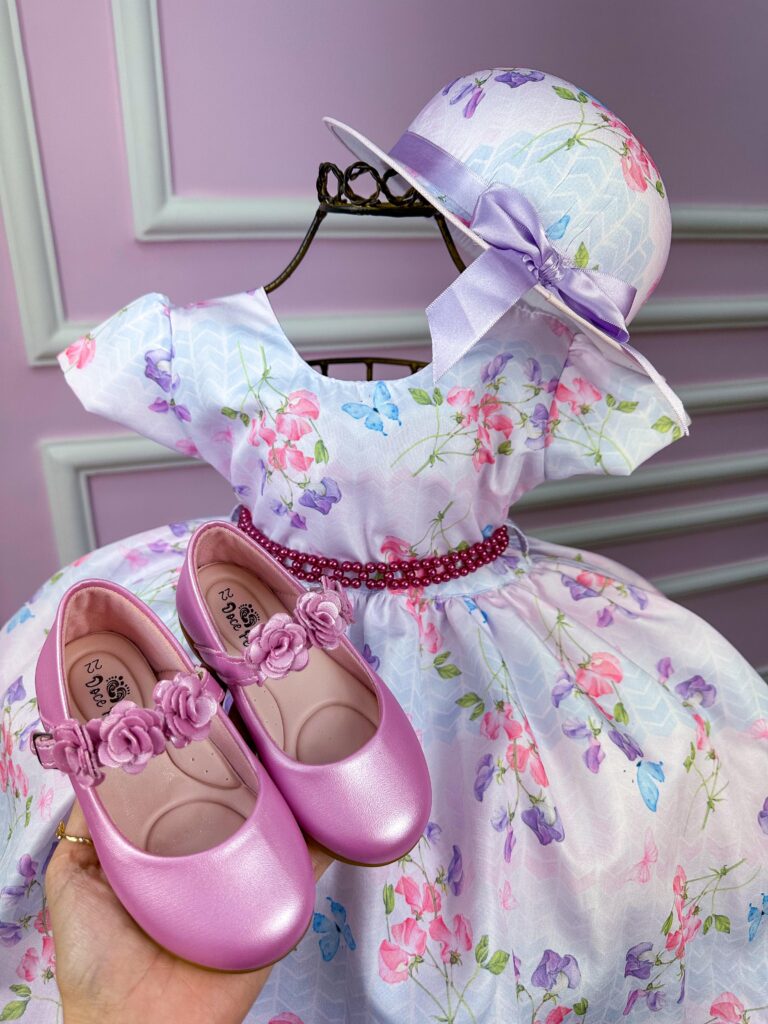 Vestido Infantil Miss Cherry Lilás Borboletas com Chapéu