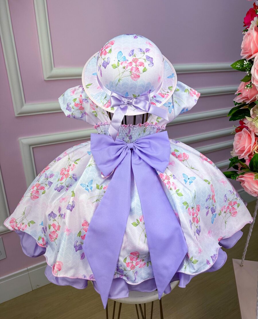 Vestido Infantil Miss Cherry Lilás Borboletas com Chapéu