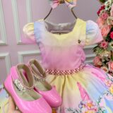 Vestido Infantil Unicórnio Mimadine Colorido Arco-Íris Laço