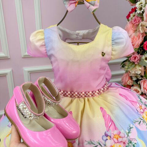 Vestido Infantil Unicórnio Mimadine Colorido Arco-Íris Laço