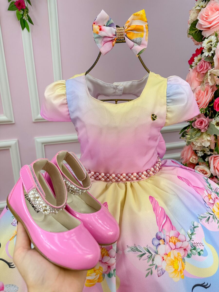 Vestido Infantil Unicórnio Mimadine Colorido Arco-Íris Laço