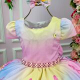 Vestido Infantil Unicórnio Mimadine Colorido Arco-Íris Laço