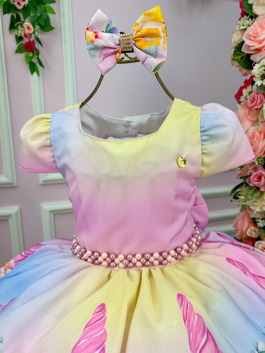 Vestido Infantil Unicórnio Mimadine Colorido Arco-Íris Laço