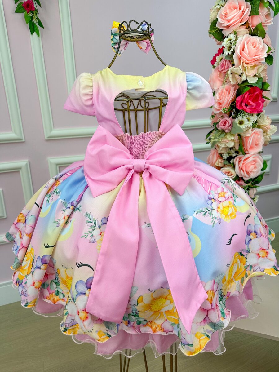 Vestido Infantil Unicórnio Mimadine Colorido Arco-Íris Laço