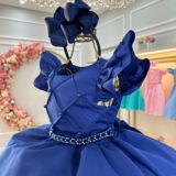 Vestido Infantil Azul Royal Busto Nervura com Pérolas