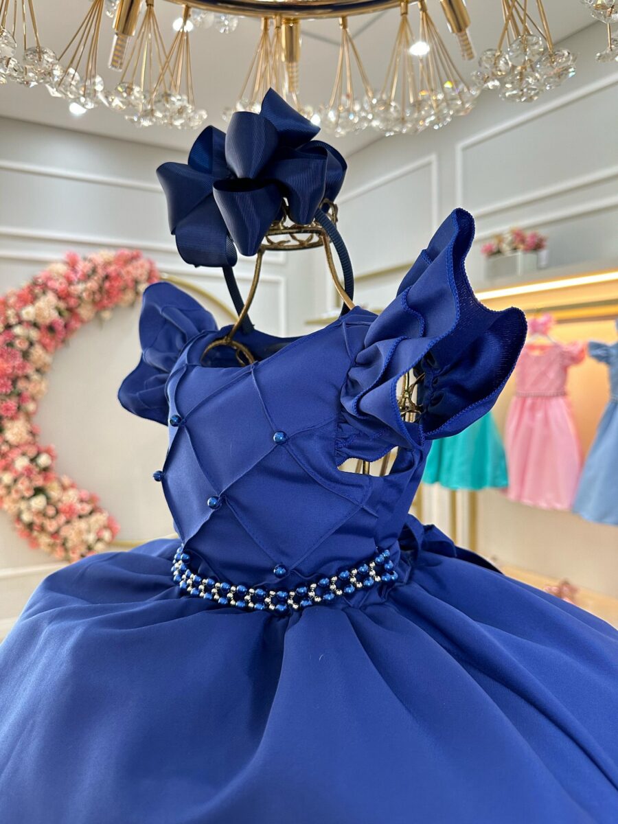 Vestido Infantil Azul Royal Busto Nervura com Pérolas