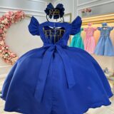 Vestido Infantil Azul Royal Busto Nervura com Pérolas