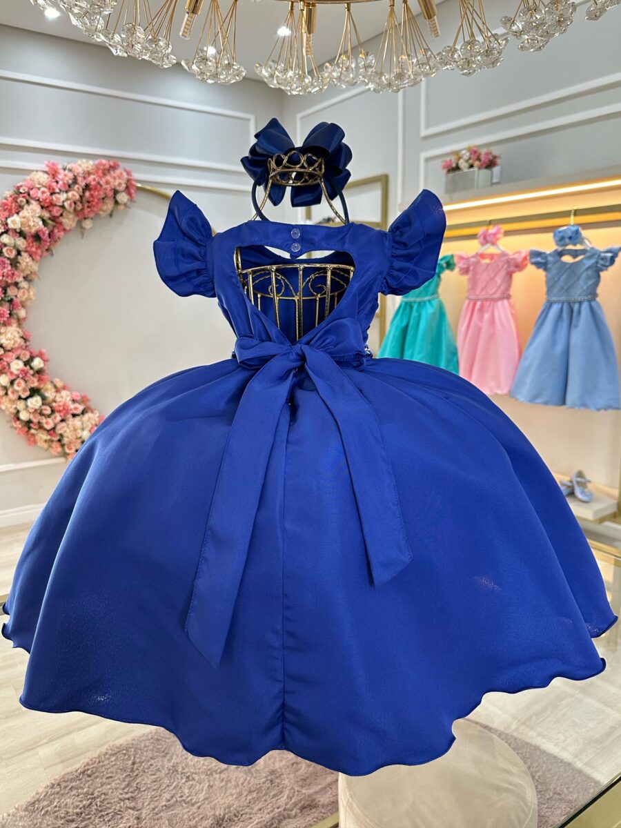 Vestido Infantil Azul Royal Busto Nervura com Pérolas