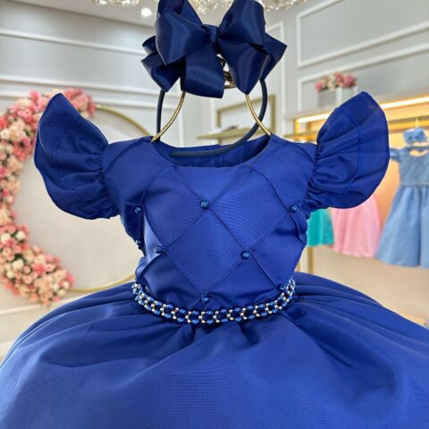 Vestido Infantil Azul Royal Busto Nervura com Pérolas