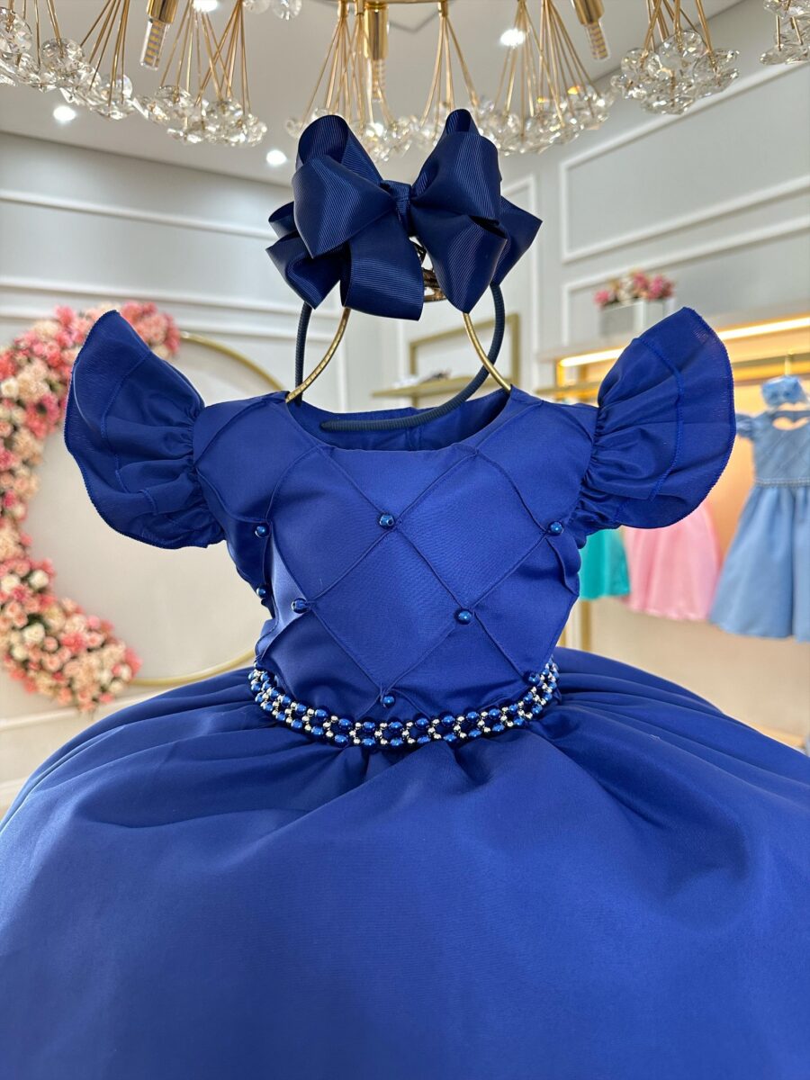 Vestido Infantil Azul Royal Busto Nervura com Pérolas