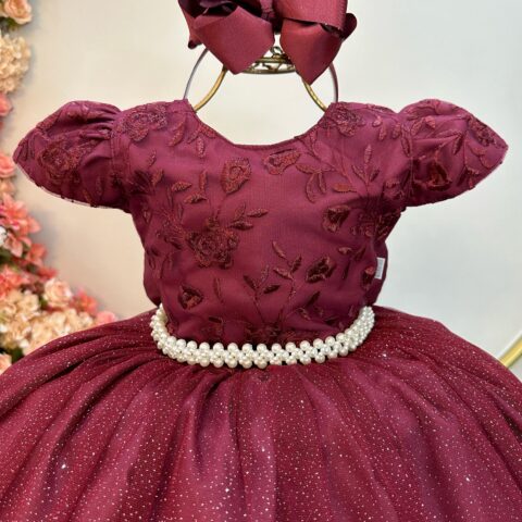 Vestido Infantil Longo Marsala com Renda Dama de Honra