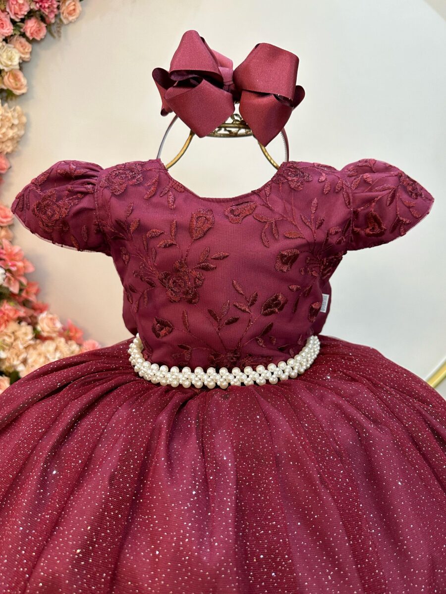 Vestido Infantil Longo Marsala com Renda Dama de Honra
