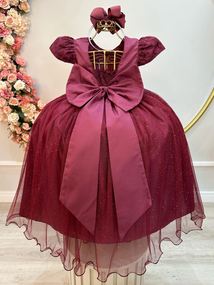Vestido Infantil Longo Marsala com Renda Dama de Honra
