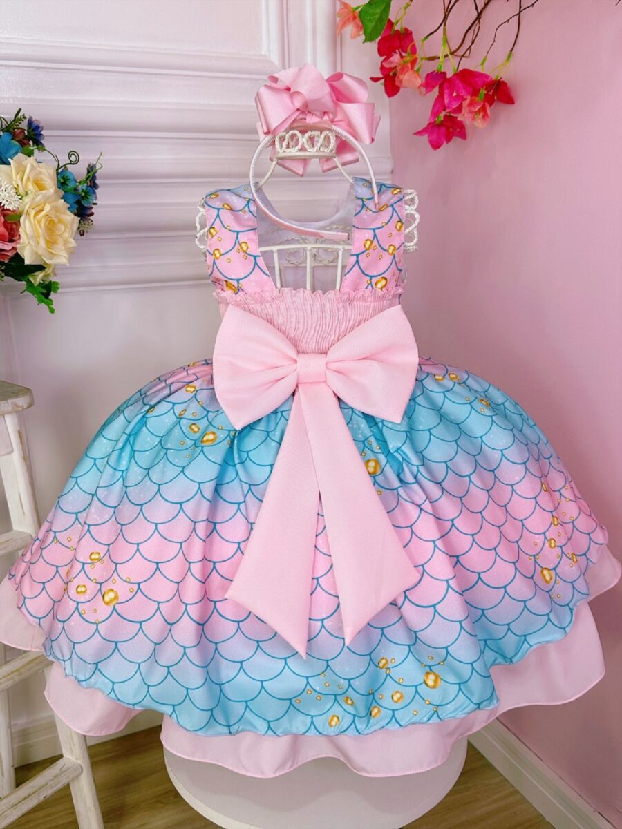 Vestido Infantil Tie Dye Sereia Princesa Rosa Claro