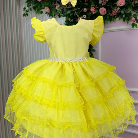 Vestido Infantil Belinda Ysa Kids Amarelo com Laço de Cabelo