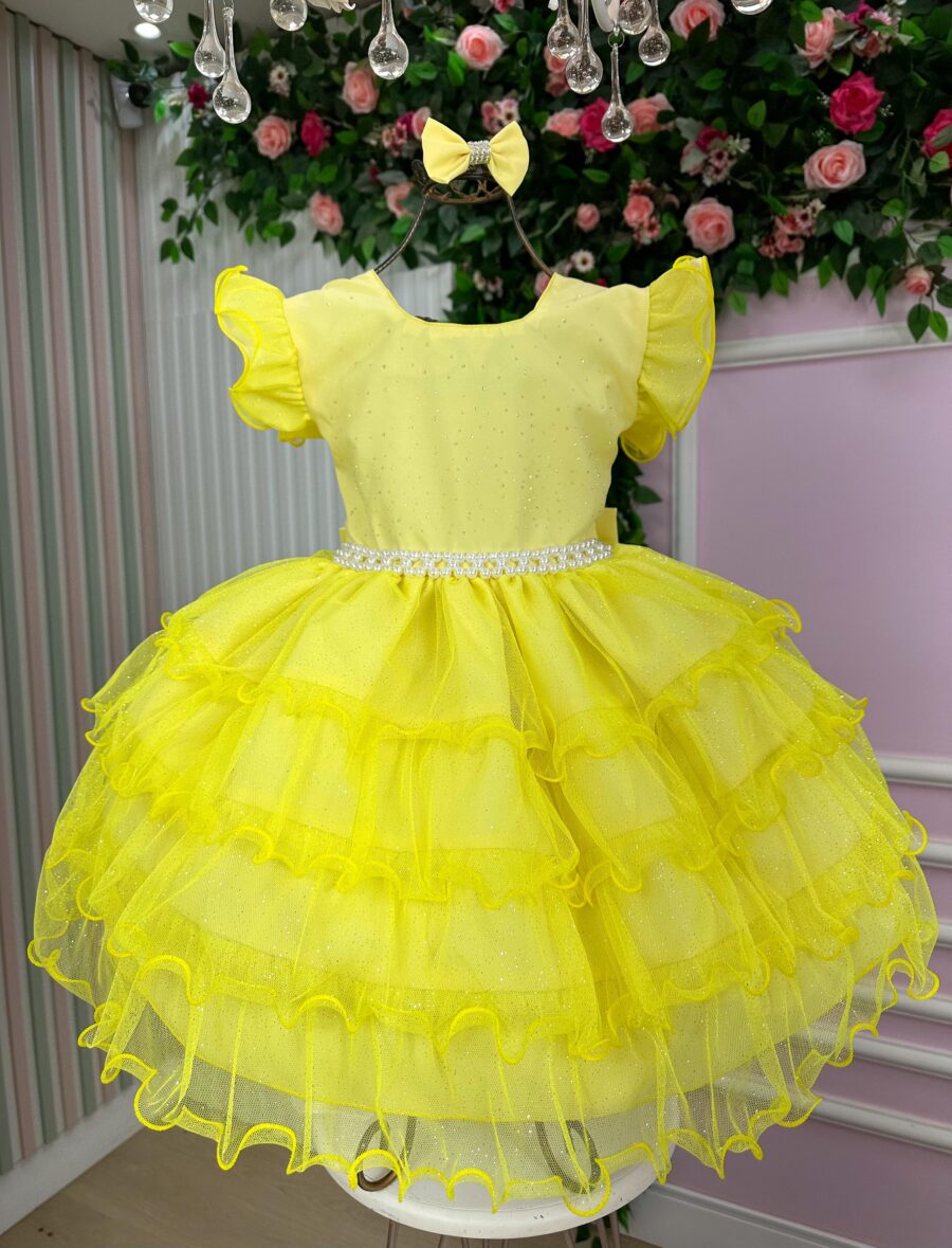Vestido Infantil Belinda Ysa Kids Amarelo com Laço de Cabelo