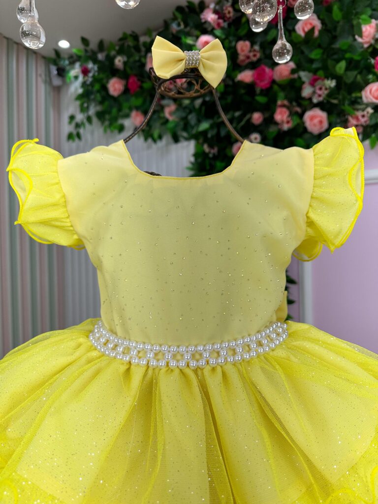 Vestido Infantil Belinda Ysa Kids Amarelo com Laço de Cabelo