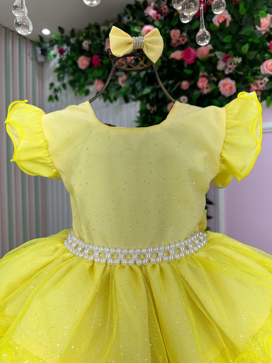 Vestido Infantil Belinda Ysa Kids Amarelo com Laço de Cabelo