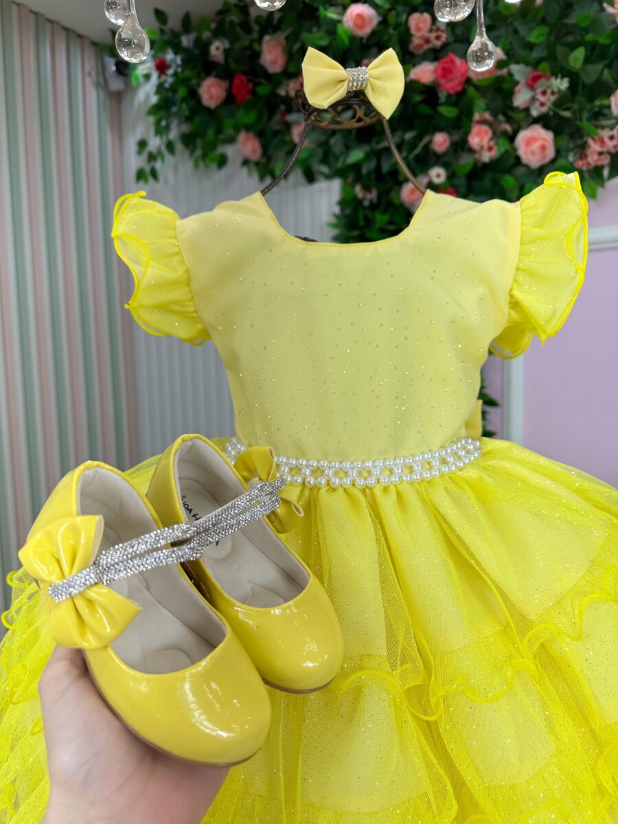 Vestido Infantil Belinda Ysa Kids Amarelo com Laço de Cabelo