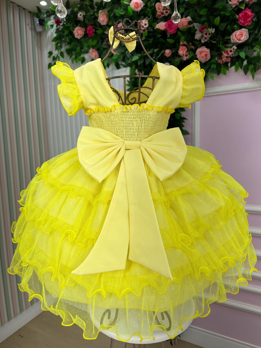 Vestido Infantil Belinda Ysa Kids Amarelo com Laço de Cabelo