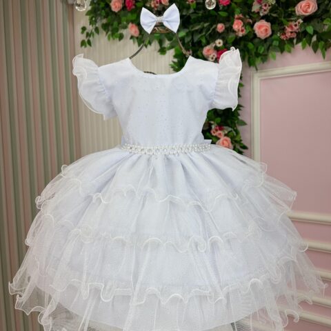Vestido Infantil Belinda Ysa Kids Branco com Laço de Cabelo