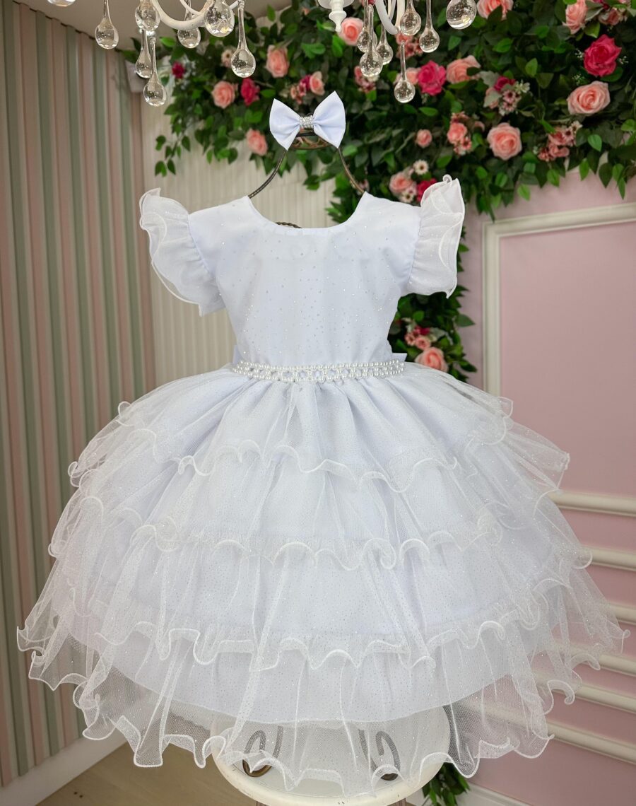 Vestido Infantil Belinda Ysa Kids Branco com Laço de Cabelo