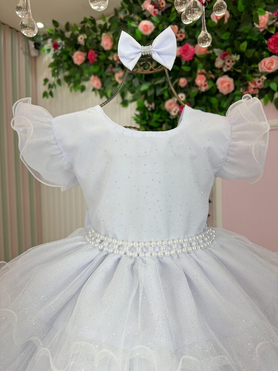 Vestido Infantil Belinda Ysa Kids Branco com Laço de Cabelo