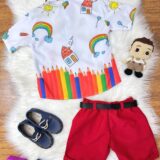 Conjunto Infantil Aquarela Short Camisa e Gravatinha Branco