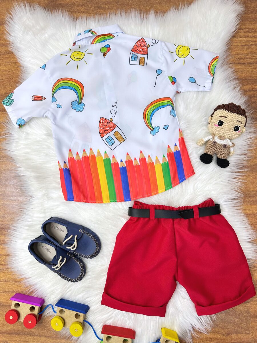 Conjunto Infantil Aquarela Short Camisa e Gravatinha Branco