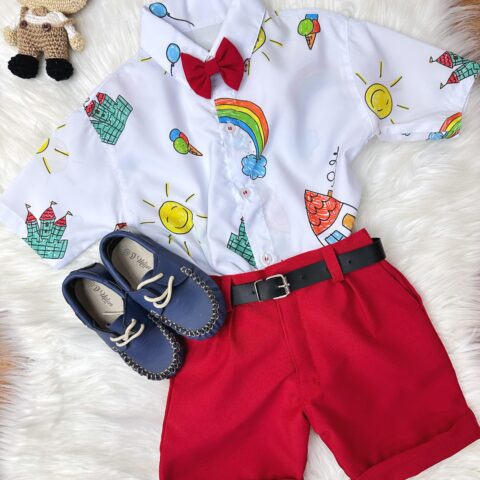 Conjunto Infantil Aquarela Short Camisa e Gravatinha Branco