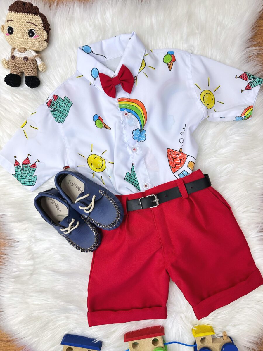 Conjunto Infantil Aquarela Short Camisa e Gravatinha Branco