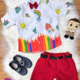 Conjunto Infantil Aquarela Short Camisa e Gravatinha Branco