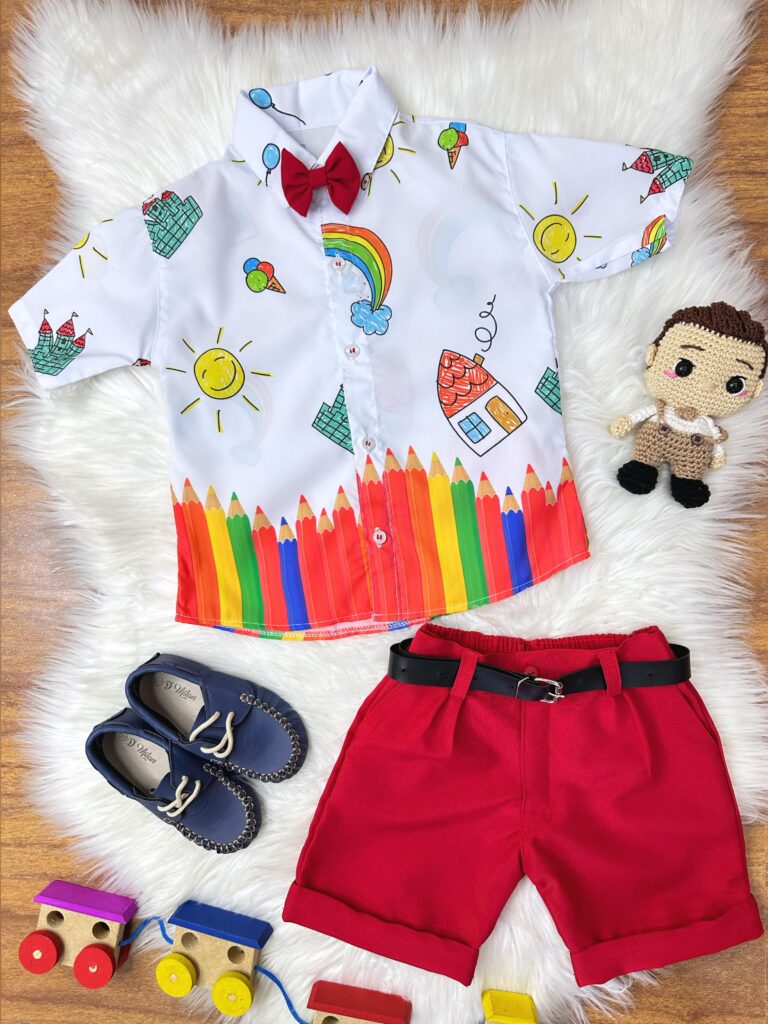 Conjunto Infantil Aquarela Short Camisa e Gravatinha Branco
