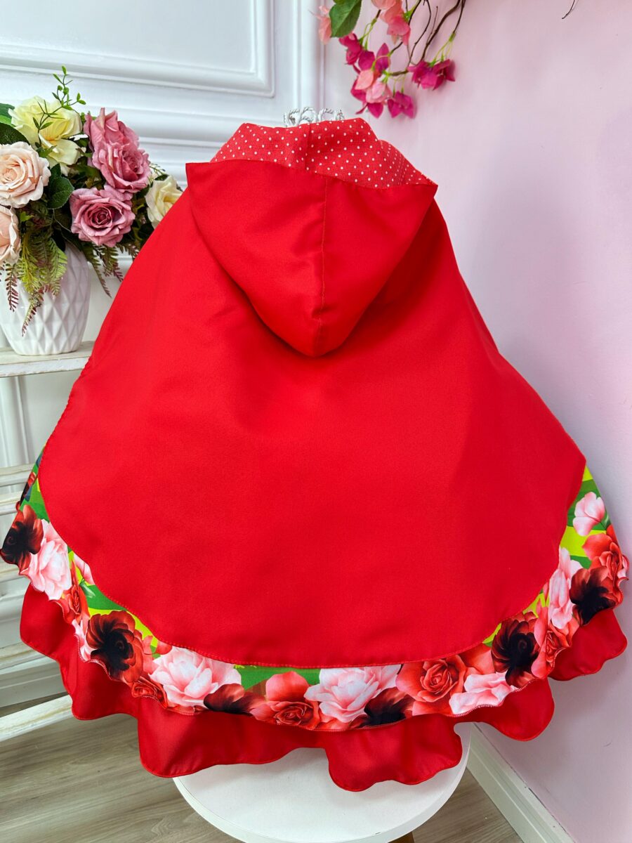 Fantasia Vestido Chapeuzinho Vermelho Floral com Capuz